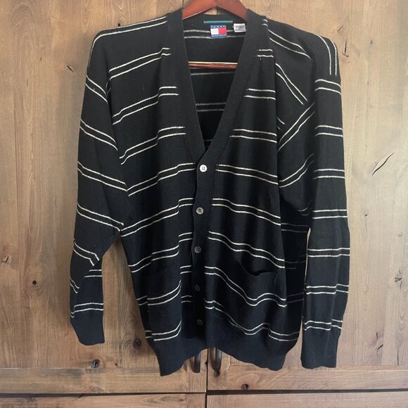 Tommy Hilfiger Mens Black Silk Angora Striped Cardigan Sweater Long Sleeve - L - Picture 5 of 7